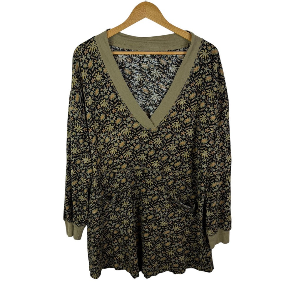 Natural Life‎ Floral Tunic Top Mini Dress Large Olive Green Cotton Boho Stretch - Picture 2 of 9